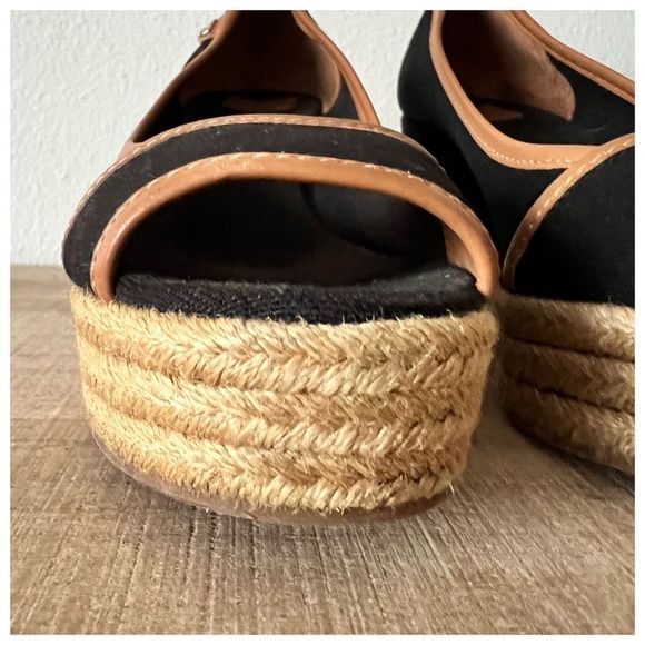 Tory Burch | Black Majorca Peep Toe Canvas Wedge | 9 - Picture 11 of 15